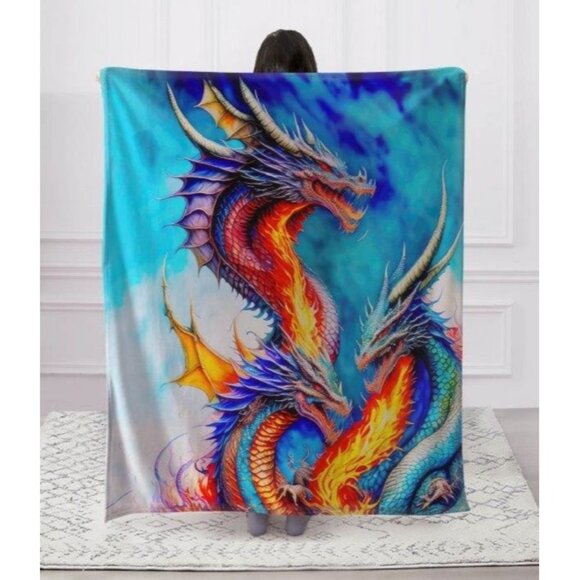 New Three Headed Dragon Plush Throw Blanket Mystical Gift Chinese Dragons SOFT - Picture 5 of 6